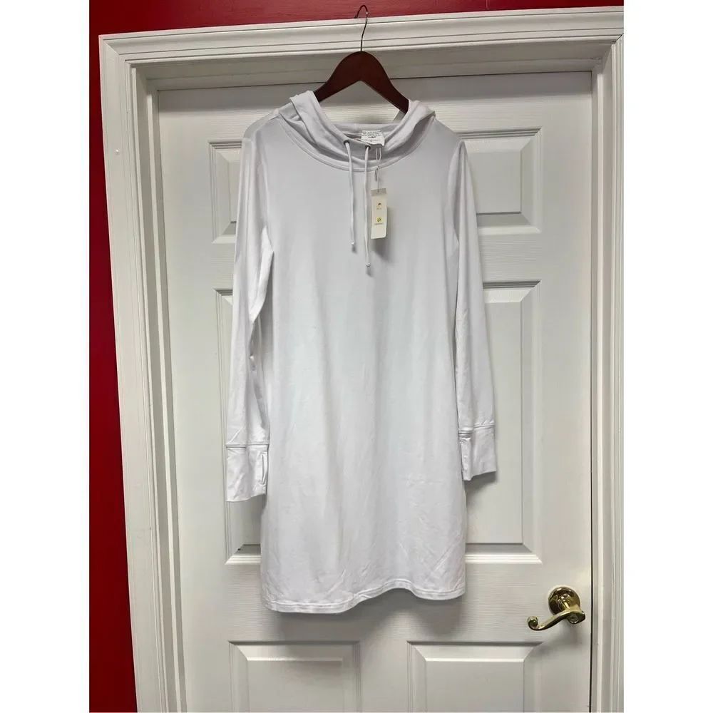 C&C California White UPF 50 Butter Knit Hooded Cowl Pocket Dress sz L NWT Modest